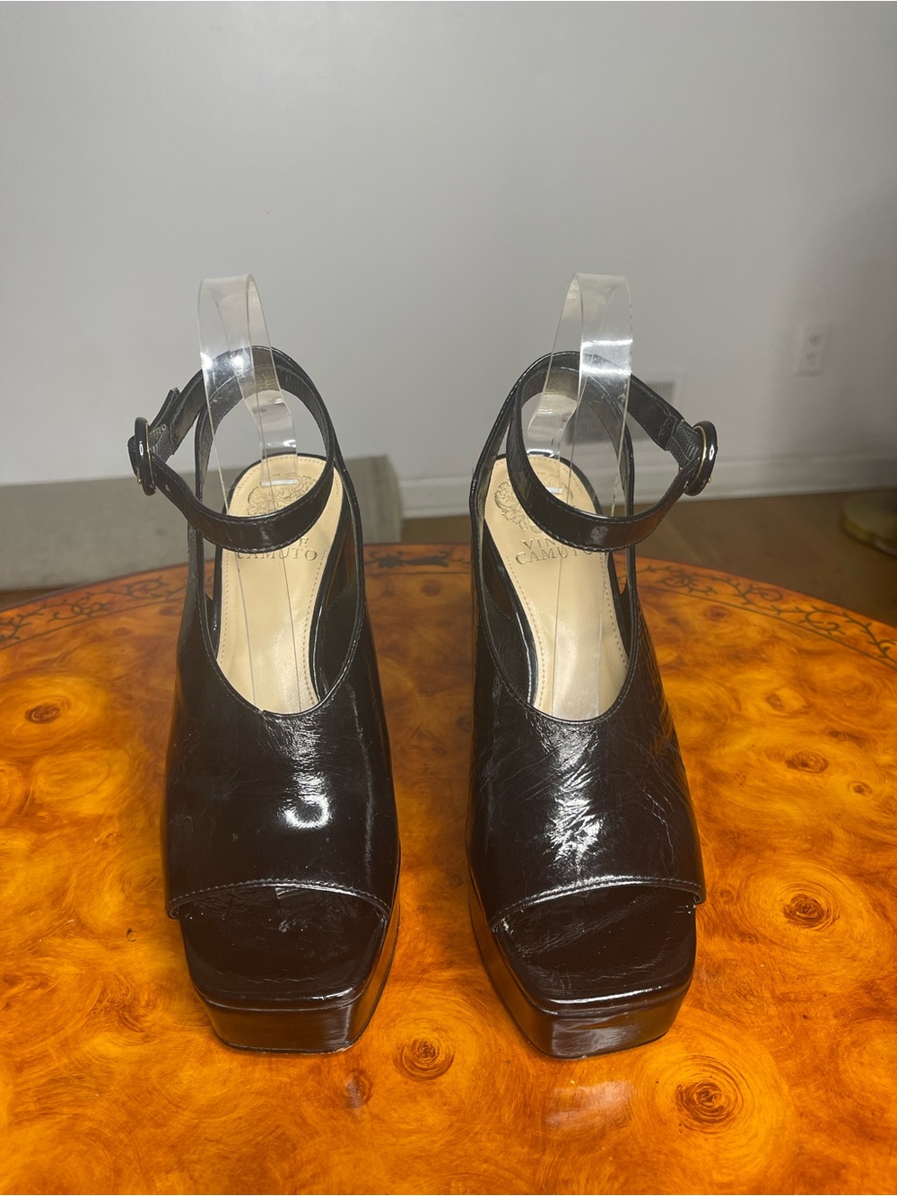 Vince Camuto Black Patent Platform Peep-Toe Ankle Strap Heels